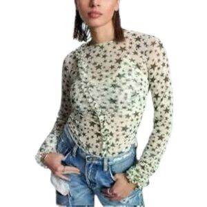 One Teaspoon Lurex Ruffle Party Long Sleeve Top Khaki Star XS NWT Revolve